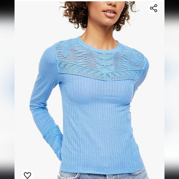 FREE PEOPLE | Colette Scalloped Trim Pullover Sweater crochet blue linen sz XS - Picture 1 of 8